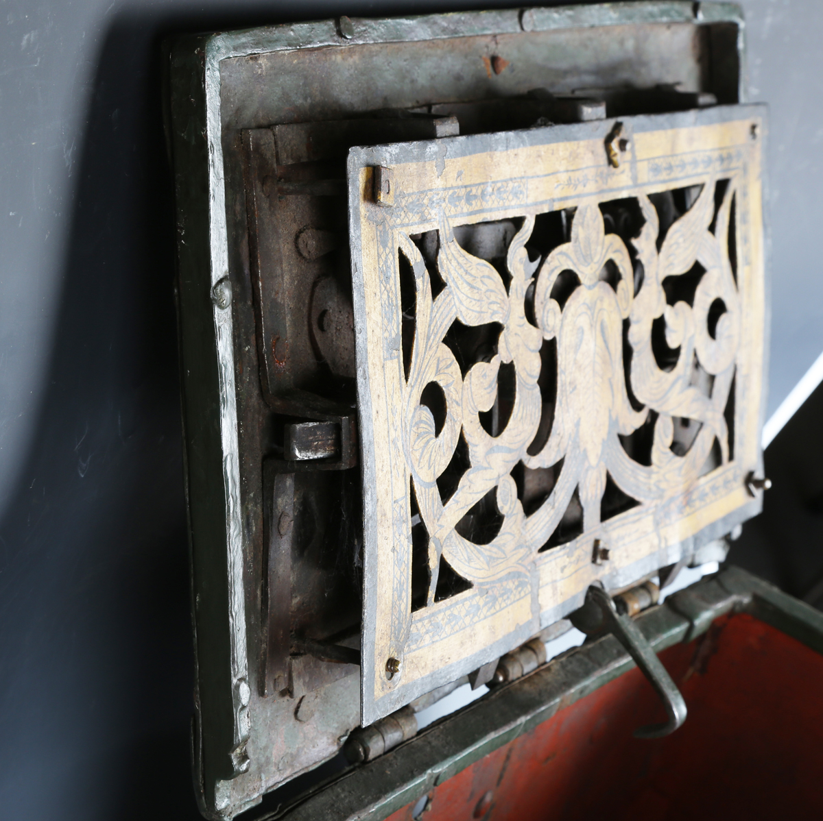 A 17th century steel Armada chest, the strapwork exterior fitted with ring handles, the interior - Image 9 of 13