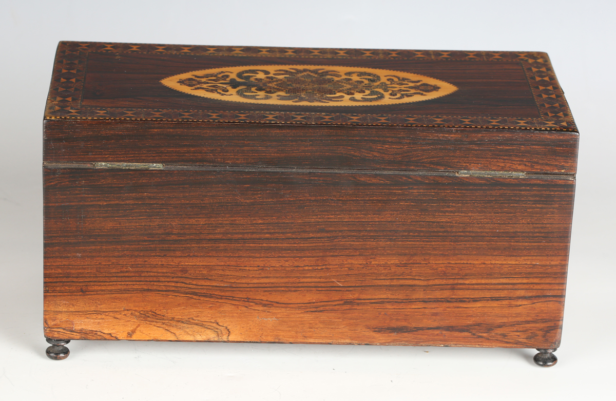 A rare 19th century Tunbridge ware rosewood lace netting box, the hinged lid and sides with - Image 7 of 17