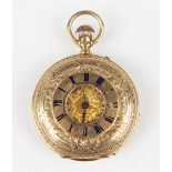 An 18ct gold keyless wind half-hunting cased lady's fob watch, the gilt jewelled lever movement