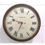 An early 19th century mahogany circular cased wall clock, the brass five pillar twin fusee