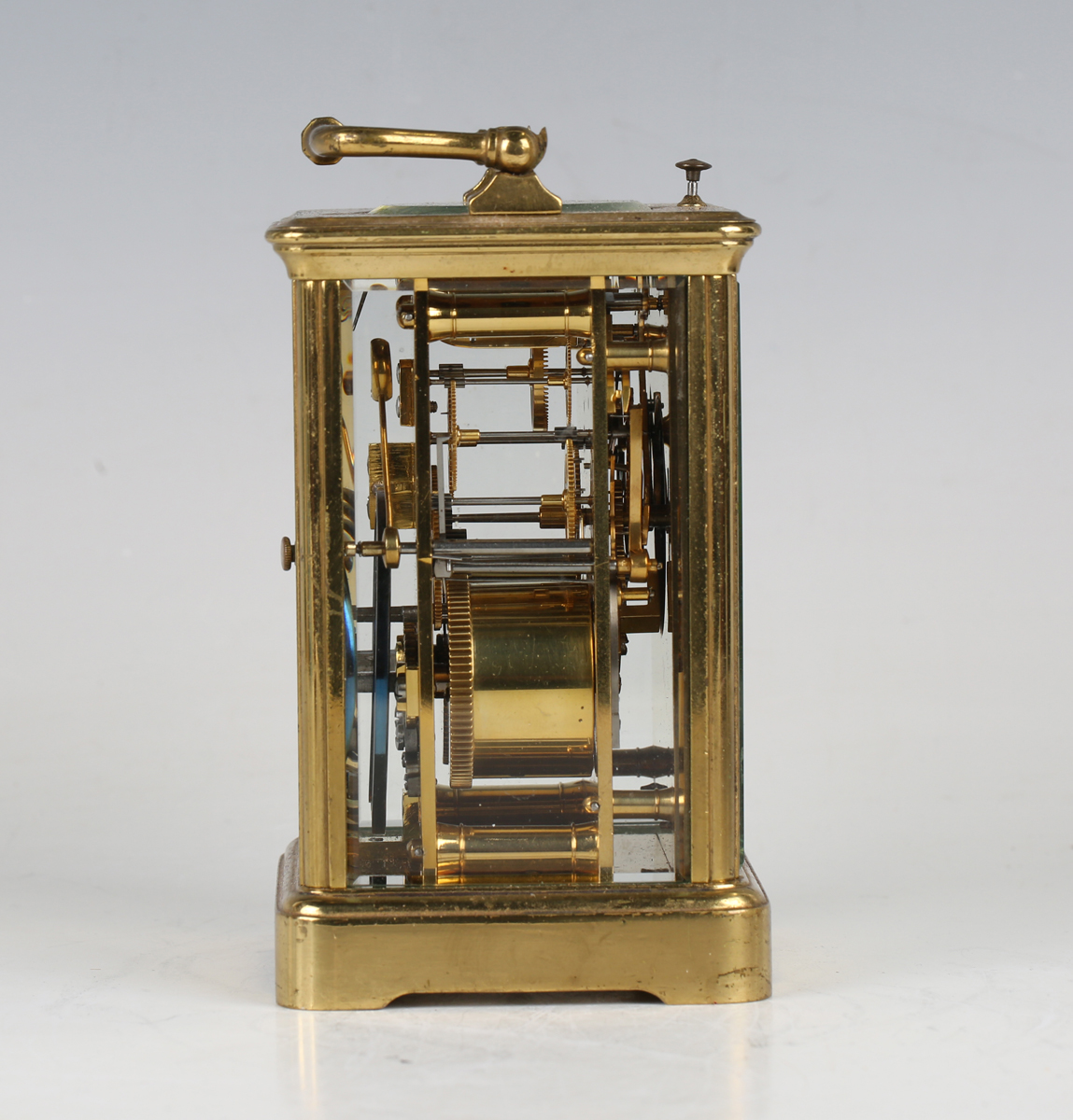 A late 19th century French lacquered brass cased carriage clock with eight day movement striking - Image 4 of 8