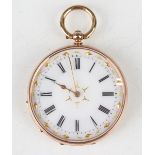 A 9ct gold cased keywind open-faced lady's fob watch with unsigned gilt cylinder movement, base