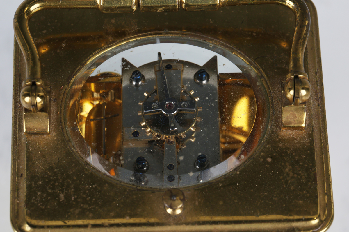 A late 19th century French lacquered brass cased carriage clock with eight day movement striking - Image 3 of 8