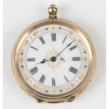 A 14ct gold cased keywind open-faced lady's fob watch with unsigned gilt cylinder movement, gilt