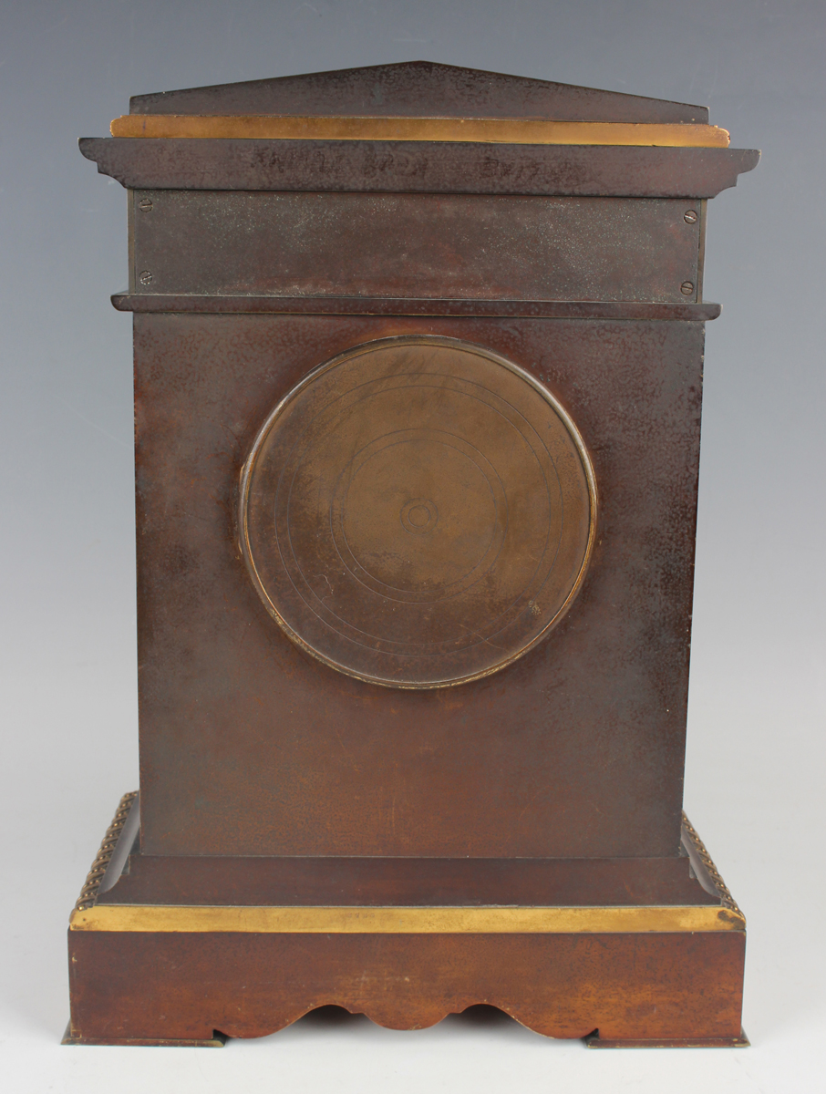 A late 19th century French brown patinated brass and porcelain mounted mantel clock with eight day - Image 6 of 9