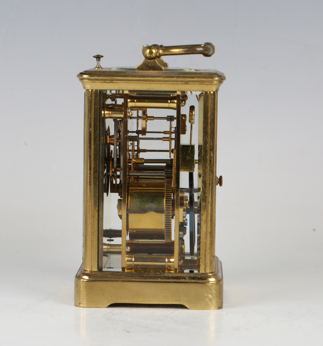 A late 19th century French lacquered brass cased carriage clock with eight day movement striking - Image 7 of 8