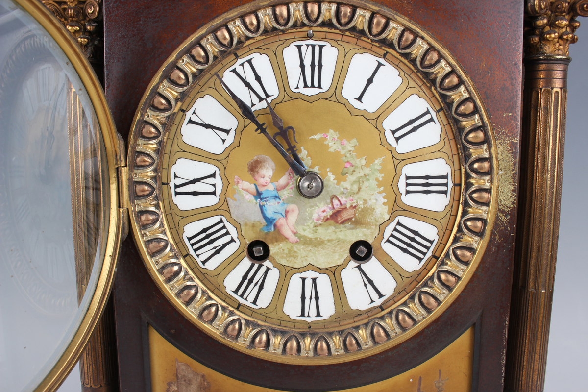 A late 19th century French brown patinated brass and porcelain mounted mantel clock with eight day - Image 9 of 9