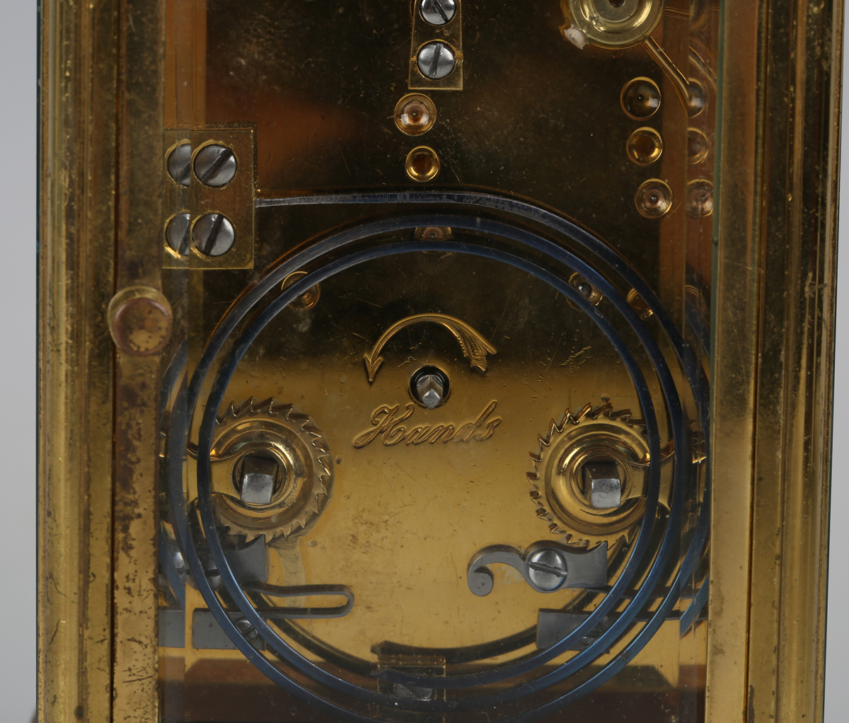 A late 19th century French lacquered brass cased carriage clock with eight day movement striking - Image 5 of 8