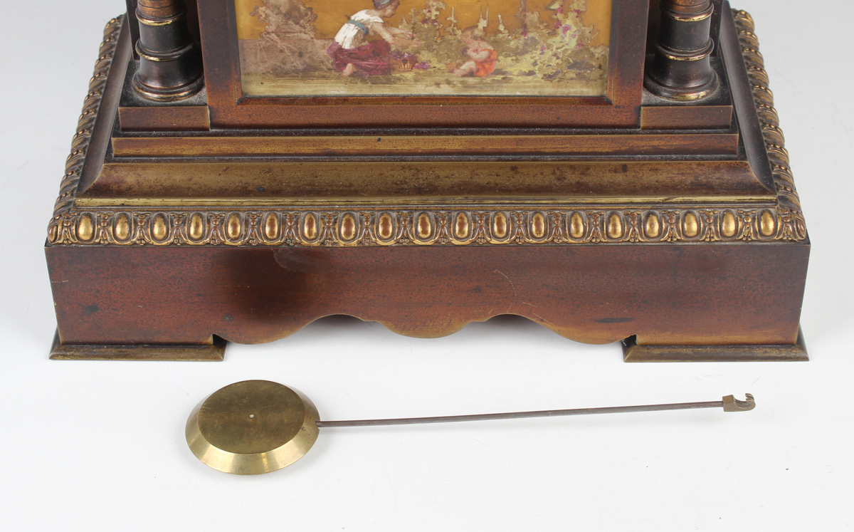 A late 19th century French brown patinated brass and porcelain mounted mantel clock with eight day - Image 2 of 9