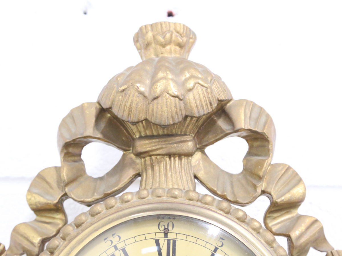 A mid-20th century giltwood and gesso cartel style wall clock with eight day movement striking on - Image 10 of 10