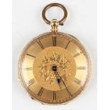 An 18ct gold cased keywind open-faced lady's fob watch with unsigned jewelled movement, the fruiting