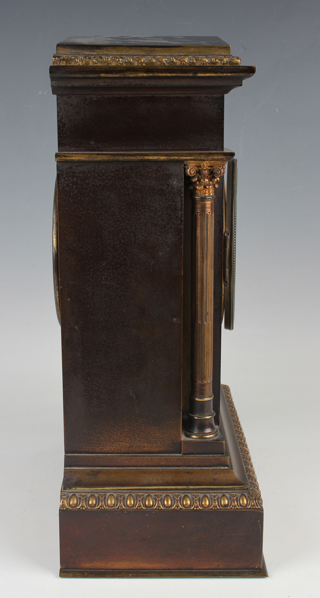 A late 19th century French brown patinated brass and porcelain mounted mantel clock with eight day - Image 3 of 9