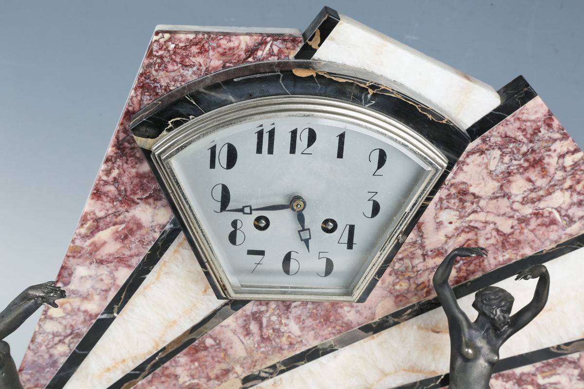 An Art Deco rouge marble, onyx, slate and spelter mantel clock with eight day movement striking on a - Image 9 of 9