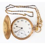 A 9ct gold keyless wind hunting cased gentleman's pocket watch, the enamelled dial with black Arabic