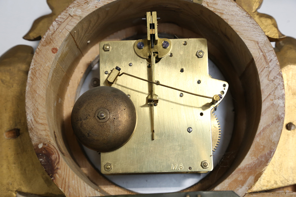 A mid-20th century giltwood and gesso cartel style wall clock with eight day movement striking on - Image 2 of 10