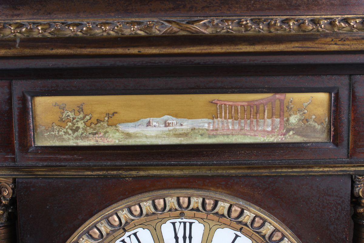 A late 19th century French brown patinated brass and porcelain mounted mantel clock with eight day - Image 7 of 9