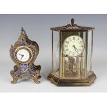 A late 19th century French brass and champlevé enamel mantel timepiece, the movement with platform
