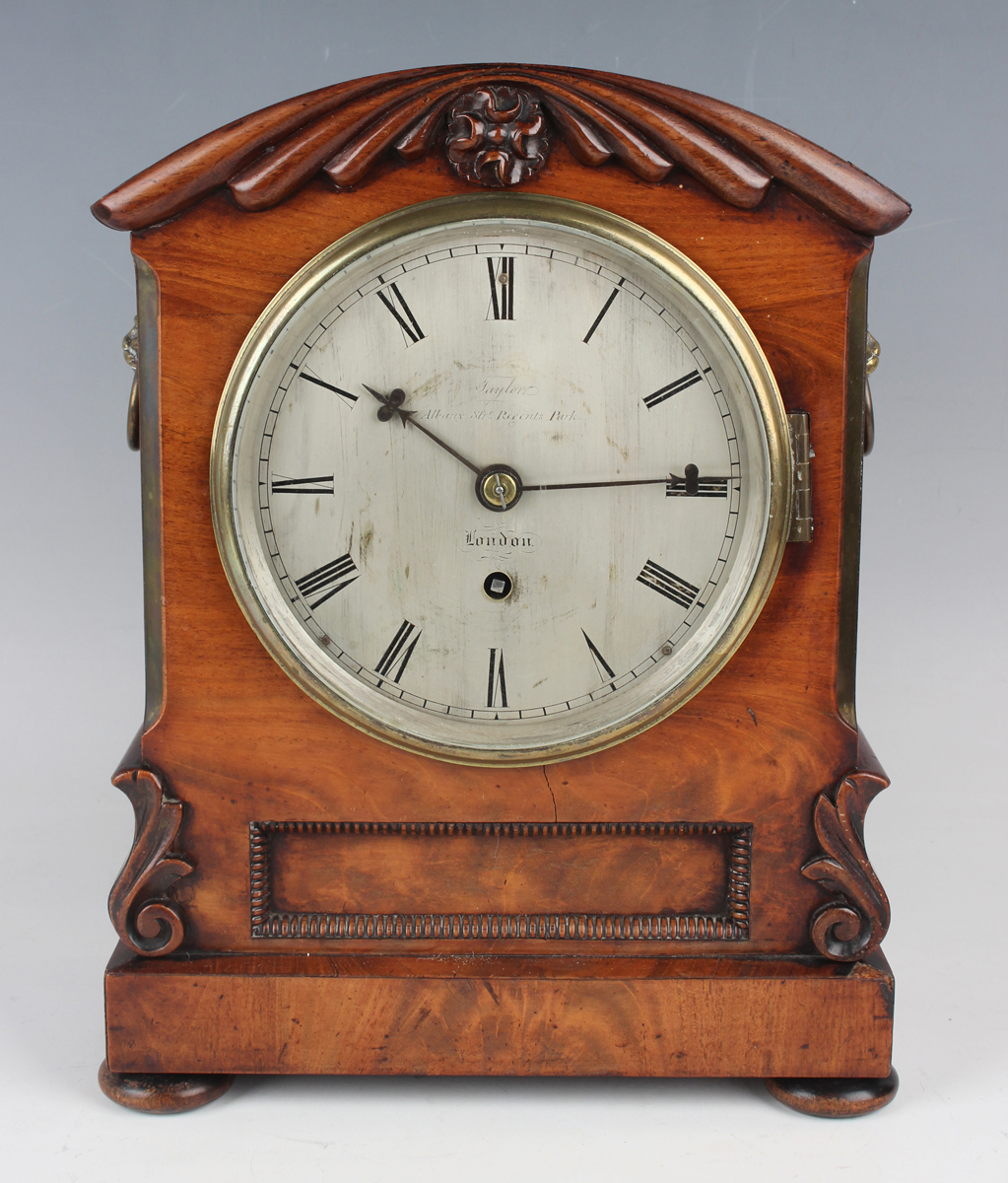 A William IV figured mahogany mantel timepiece with eight day single fusee movement, the 6-inch