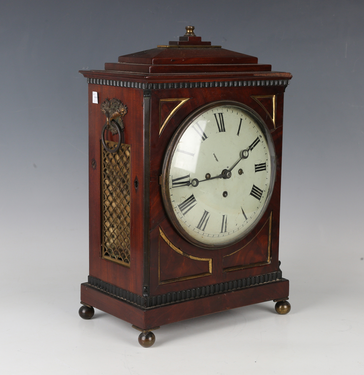 A Regency mahogany bracket timepiece with eight day single fusee movement, the 8-inch painted convex