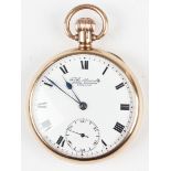 A 9ct gold cased keyless wind open-faced gentleman's pocket watch, the jewelled movement detailed '