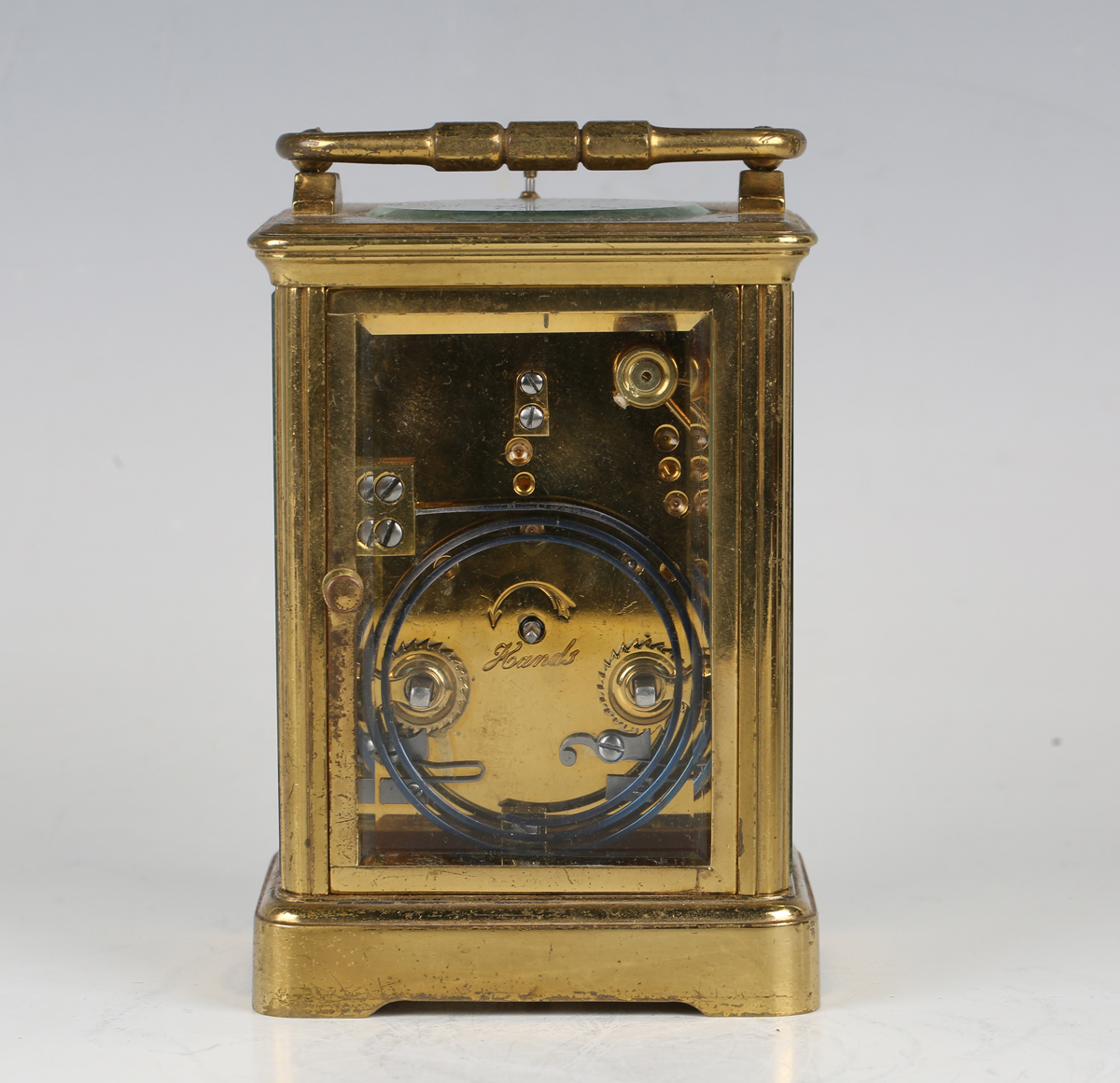 A late 19th century French lacquered brass cased carriage clock with eight day movement striking - Image 6 of 8