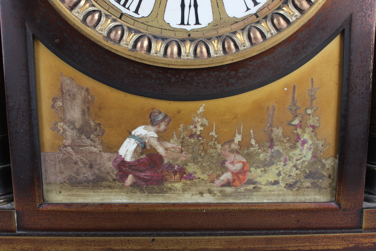 A late 19th century French brown patinated brass and porcelain mounted mantel clock with eight day - Image 8 of 9