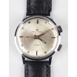 A Jaquet-Droz Alarm steel backed circular cased gentleman's wristwatch with signed silvered dial,