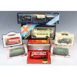 A collection of diecast buses, coaches and other vehicles, including Solido double decker bus,