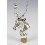 A Spanish J.M. Calero silver and cork decanter stopper in the form of a stag's head, import mark