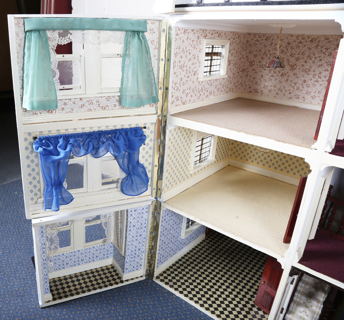 A 20th century Tudor style doll's house, the double-gabled tiled roof above a double opening front - Image 13 of 21