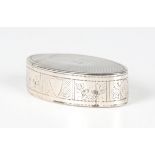 A George III silver oval snuff box, the engine turned hinged lid initial inscribed above engraved