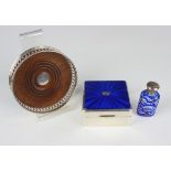 An Edward VIII silver square cigarette box, the hinged lid enamelled in blue and applied with a