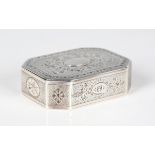A George III silver octagonal snuff box, the hinged lid engraved with fruit-filled cornucopia and