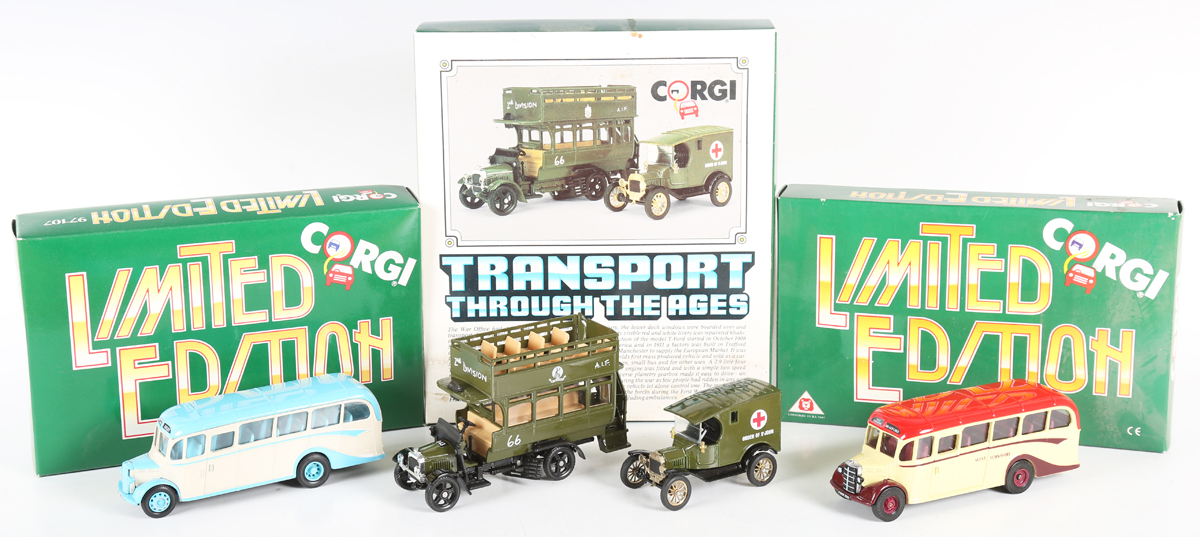 A collection of Corgi buses and coaches, including double packs, all boxed.Buyer’s Premium 29.4% (