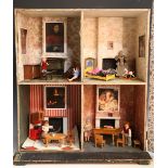 A 19th century Sibler & Fleming type box-back doll's house, the hinged front with a moulded cornice,