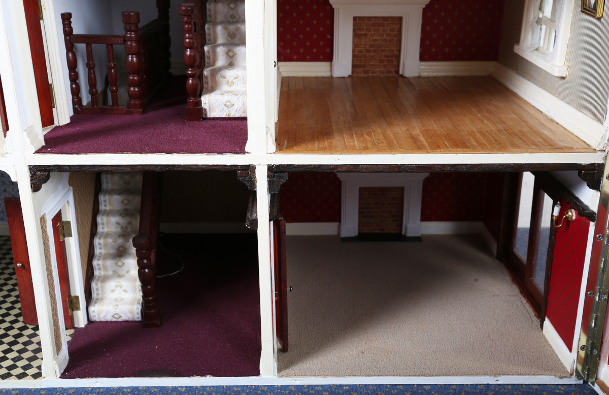 A 20th century Tudor style doll's house, the double-gabled tiled roof above a double opening front - Image 14 of 21