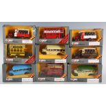A collection of Corgi vehicles, including Bedford type OB coaches, Thornycroft open top buses and