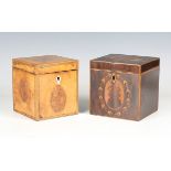 A George III burr fruitwood tea caddy with tulipwood crossbanding and oval yew reserves, width 10.