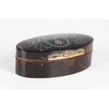 A George III tortoiseshell and gilt metal mounted navette-shaped snuff box, the hinged lid piqué