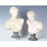 A pair of late 20th century moulded faux marble classical head and shoulders portrait busts,