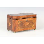 A George III mahogany canted rectangular tea caddy, the hinged lid and sides crossbanded in kingwood