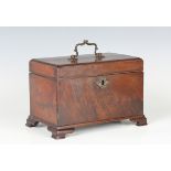 A George III figured mahogany tea caddy, the interior fitted with three removable tin canisters,