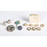 A small group of objects of virtu, including seven French gilt metal and enamel buttons, two