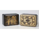 A 19th century Chinese lacquer box and cover, the removable lid finely decorated in gilt with