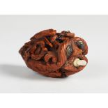 A 19th century carved coquilla nut 'bug bear' snuff flask, probably French, finely modelled with
