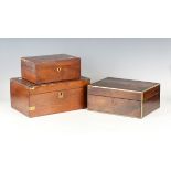 An early Victorian rosewood and brass bound workbox, width 30.5cm, a Victorian walnut writing slope,