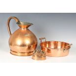 A Victorian copper 'Three Gallon' measure, a copper preserve pan and a Benham & Froud jelly mould,