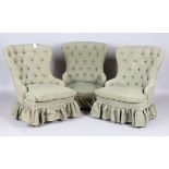 A set of three modern Victorian style buttoned back salon chairs, height 86cm, width 66cm (one