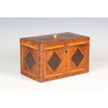 A George III kingwood and parquetry veneered tea caddy, the hinged lid and sides with burr yew