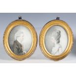 Circle of John Downman - a pair of late 18th century watercolours on paper portrait miniatures,